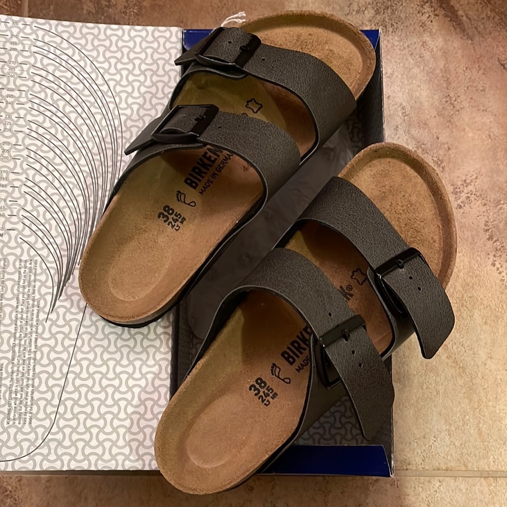 Birkenstock Arizona Birko-Flor in anthracite. Brand new in box, never worn.